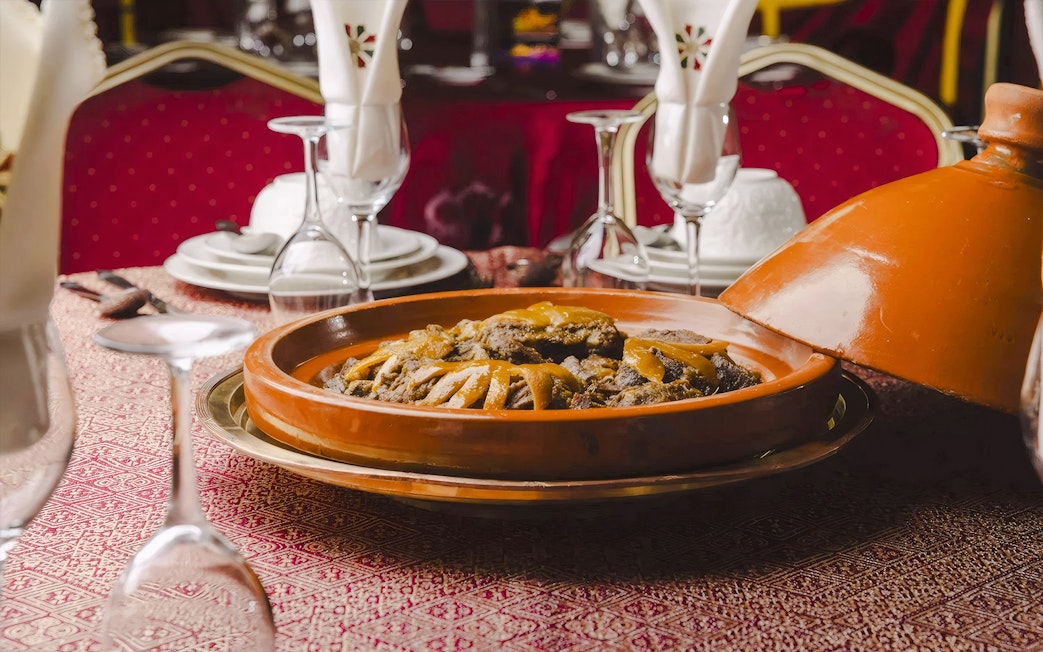 Moroccan tagine dish served at Chez Ali Dinner & Fantasia Show.