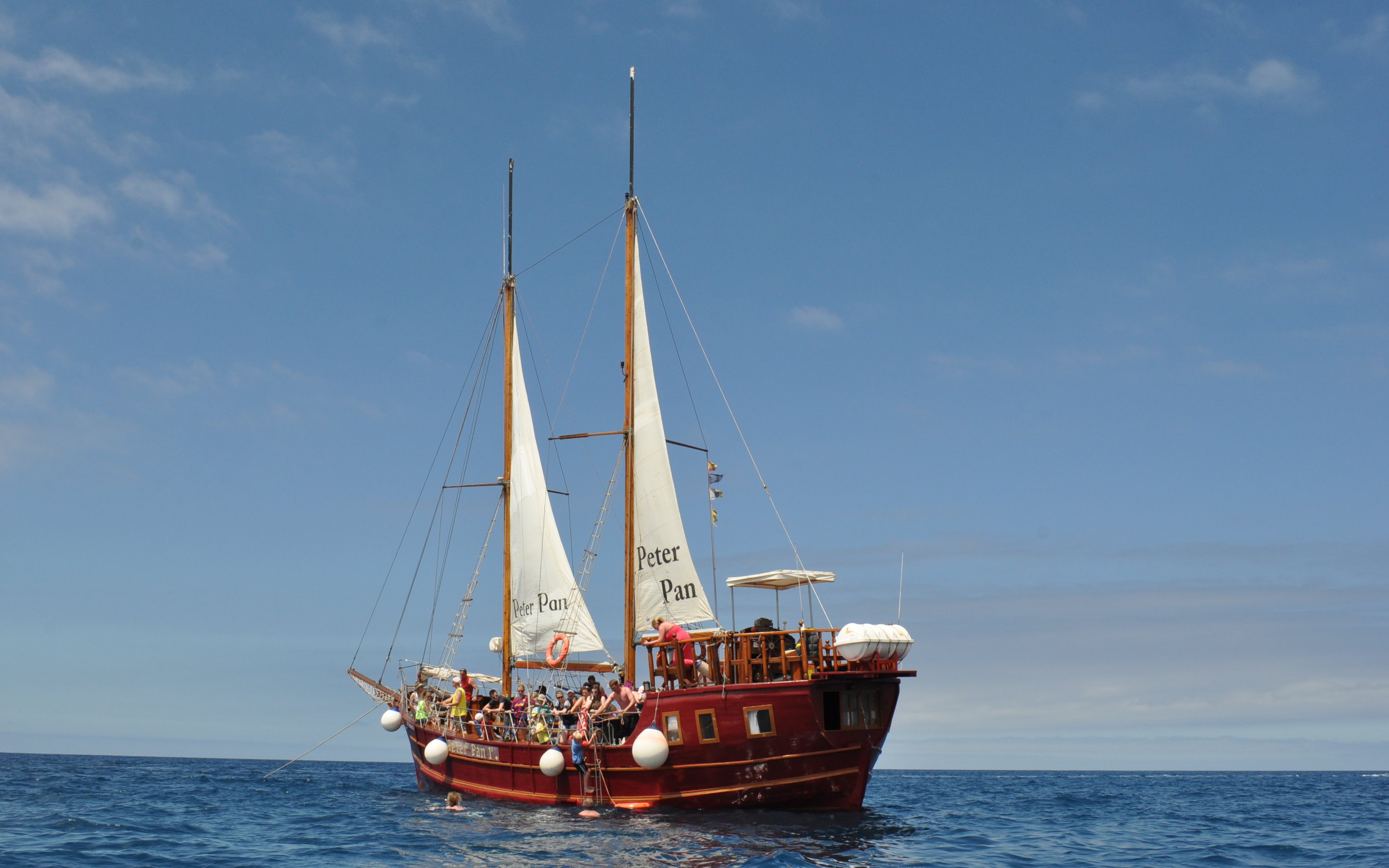 Tourists on Peter Pan Pirate boat for whale and dolphin watching in Tenerife.