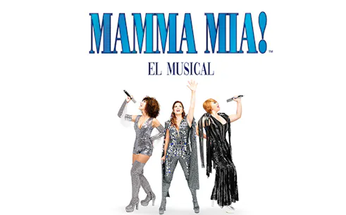 MAMMA MIA! El Musical performers in sparkling costumes holding microphones.