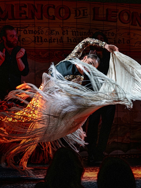Flamenco dancer performing with guitarist at Flamenco De Leones Show.