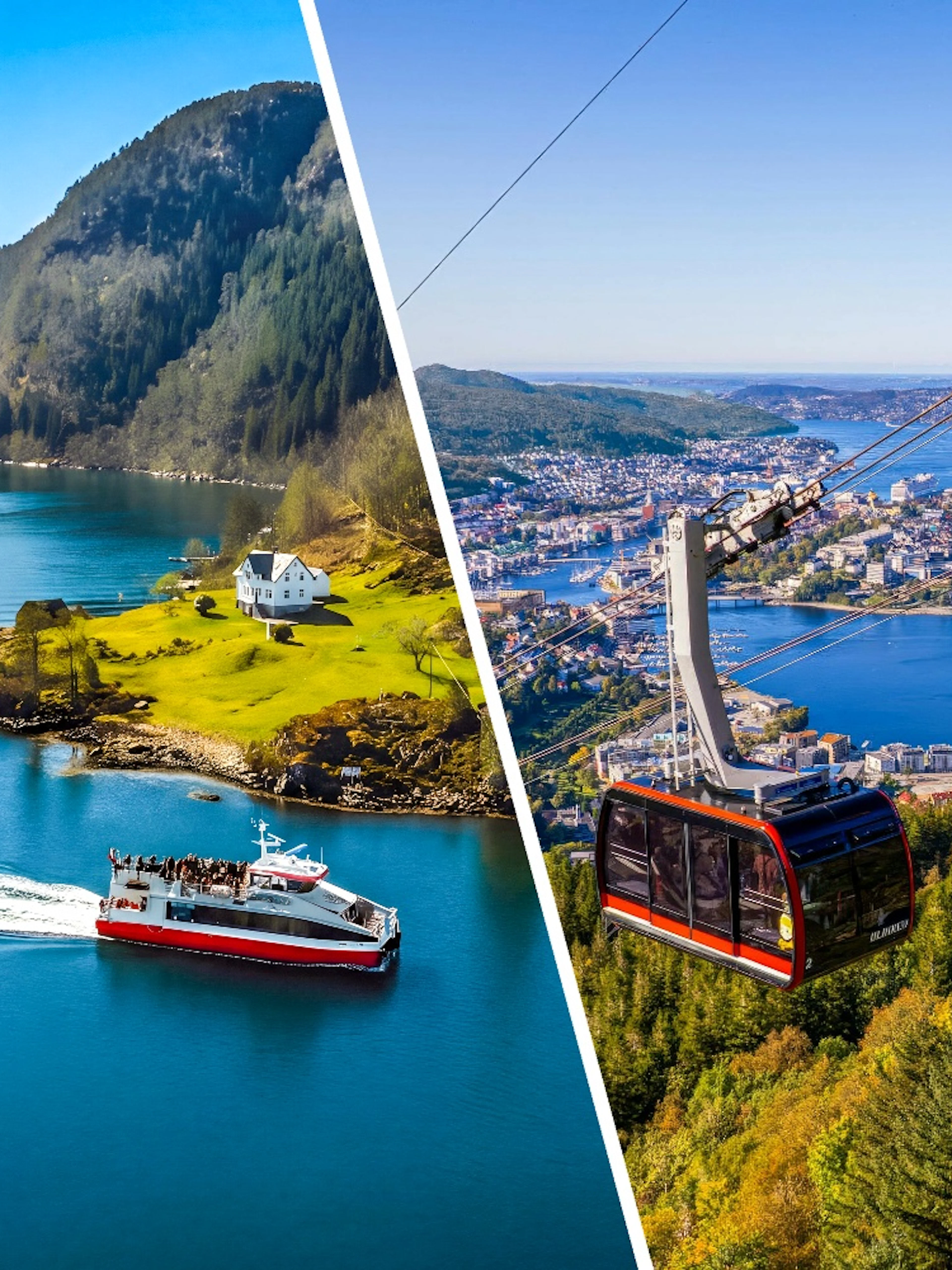 Bergen Mostraumen Fjord cruise boat and Ulriken cable car over Bergen cityscape.