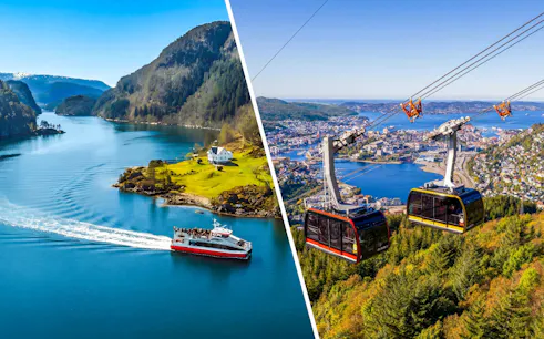 Bergen Mostraumen Fjord cruise boat and Ulriken cable car over Bergen cityscape.