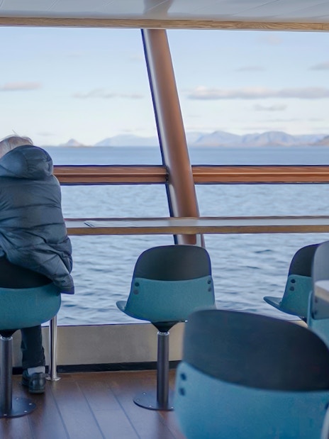 Cruise passenger viewing Lofoten landscape through panoramic windows on Silent Trollfjord Cruise.