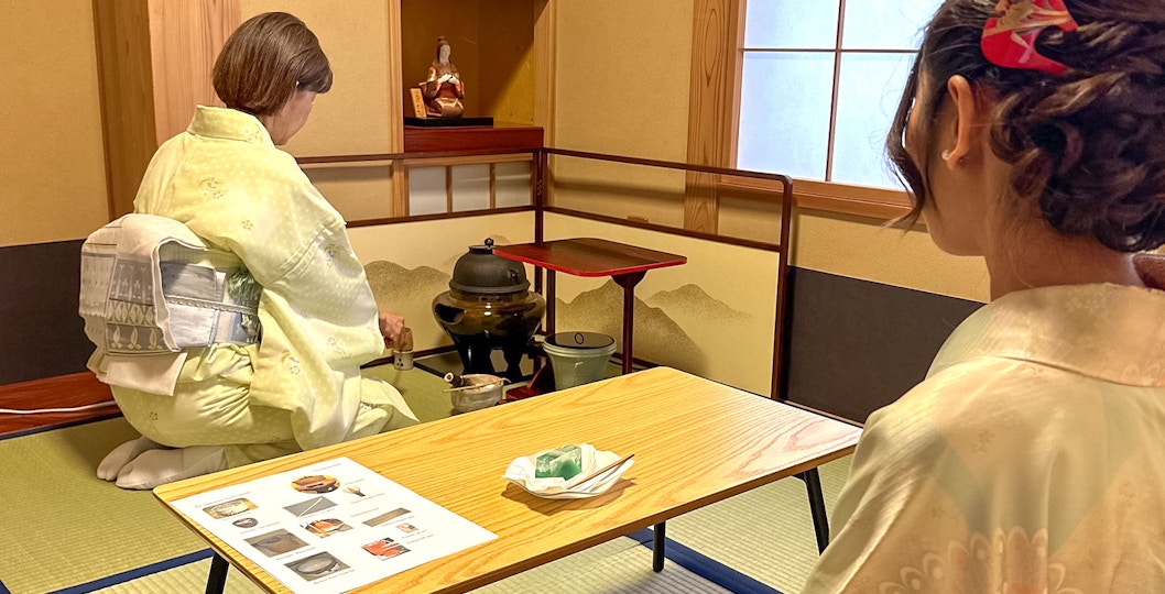Kimono-clad women participating in a traditional tea ceremony in Shinagawa, Tokyo.
