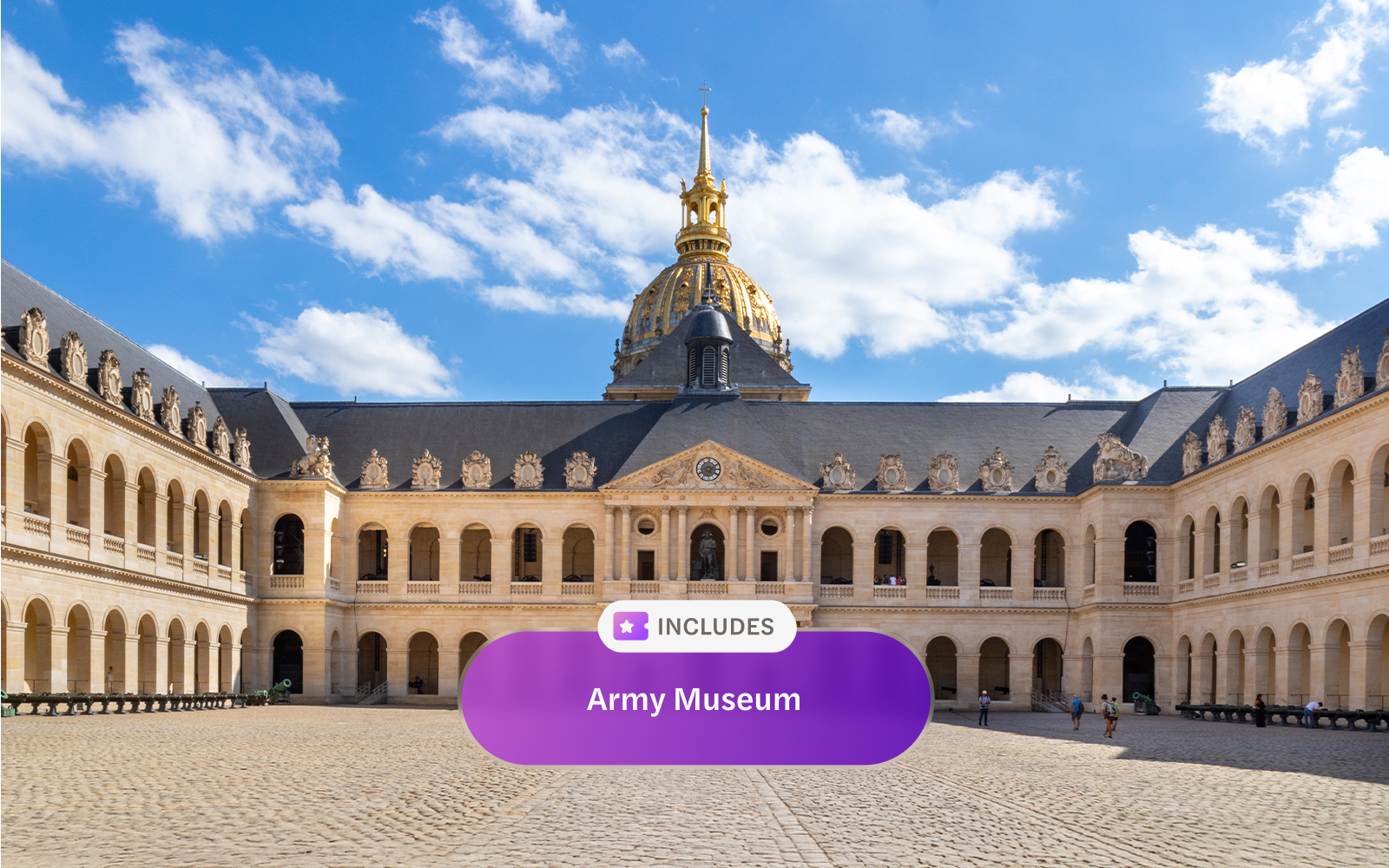 Courtyard of the Army Museum in Paris with golden dome and historic architecture.