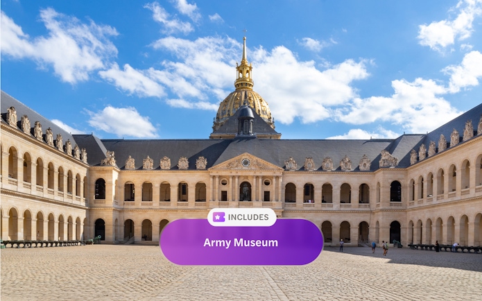 Courtyard of the Army Museum in Paris with golden dome and historic architecture.