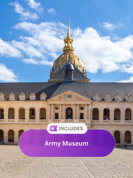 Courtyard of the Army Museum in Paris with golden dome and historic architecture.