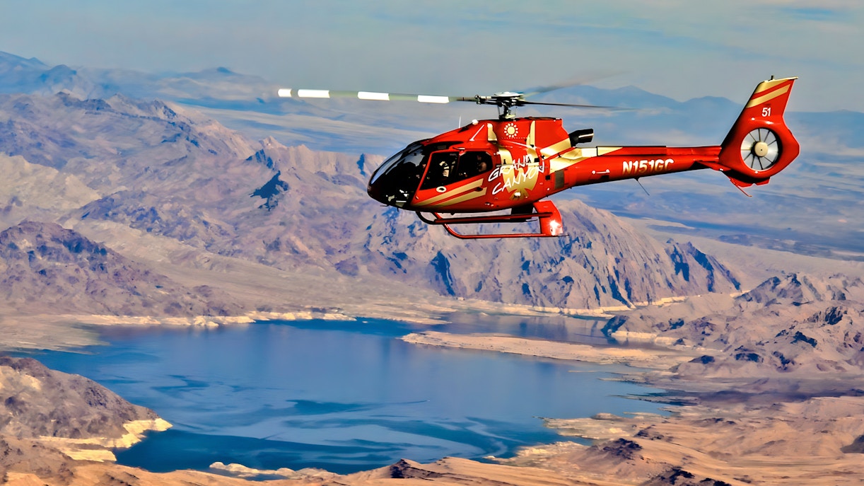 Helicopter flying over Grand Canyon West Rim during 70-minute tour from Las Vegas.