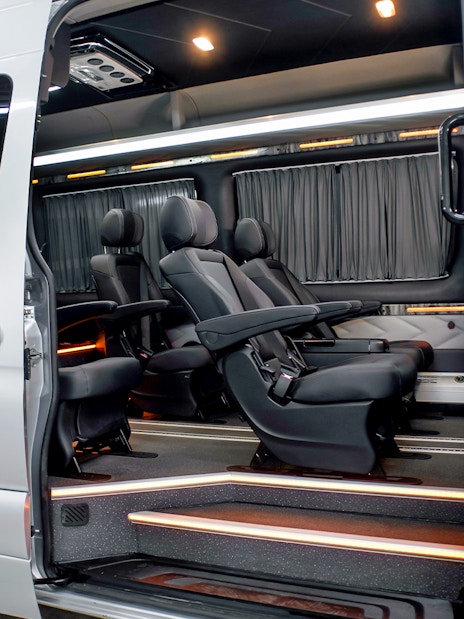 Luxury interior of transfer vehicle for Northern Lights expedition.