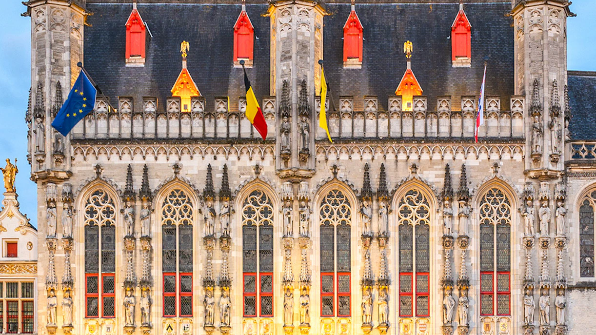 Stadhuis Brugge city hall in Burg Square, Belgium, with Gothic architecture.