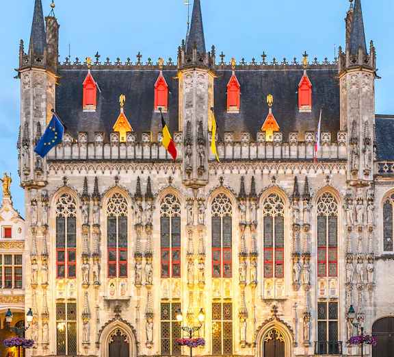 Stadhuis Brugge city hall in Burg Square, Belgium, with Gothic architecture.