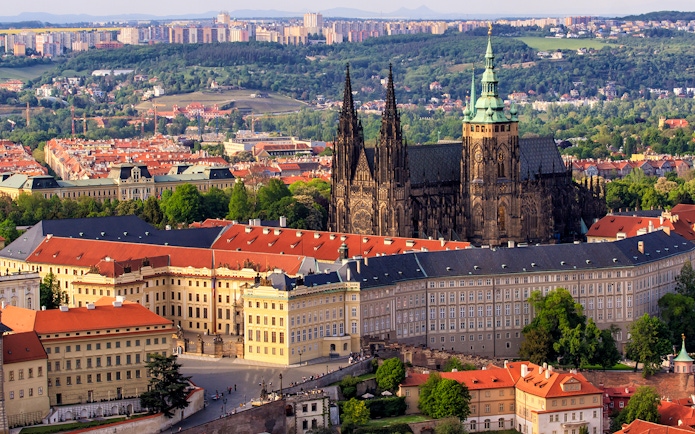 Prague Castle and St. Vitus Cathedral in the Castle District, aerial view.