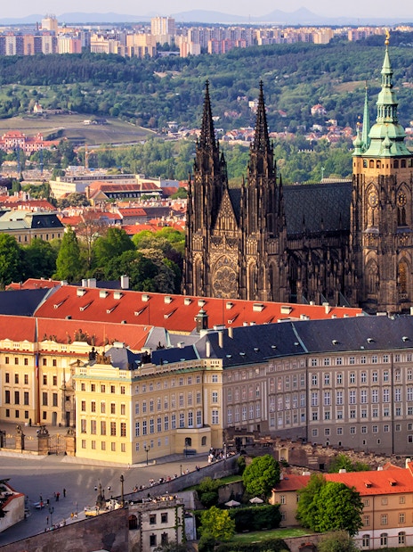 Prague Castle and St. Vitus Cathedral in the Castle District, aerial view.
