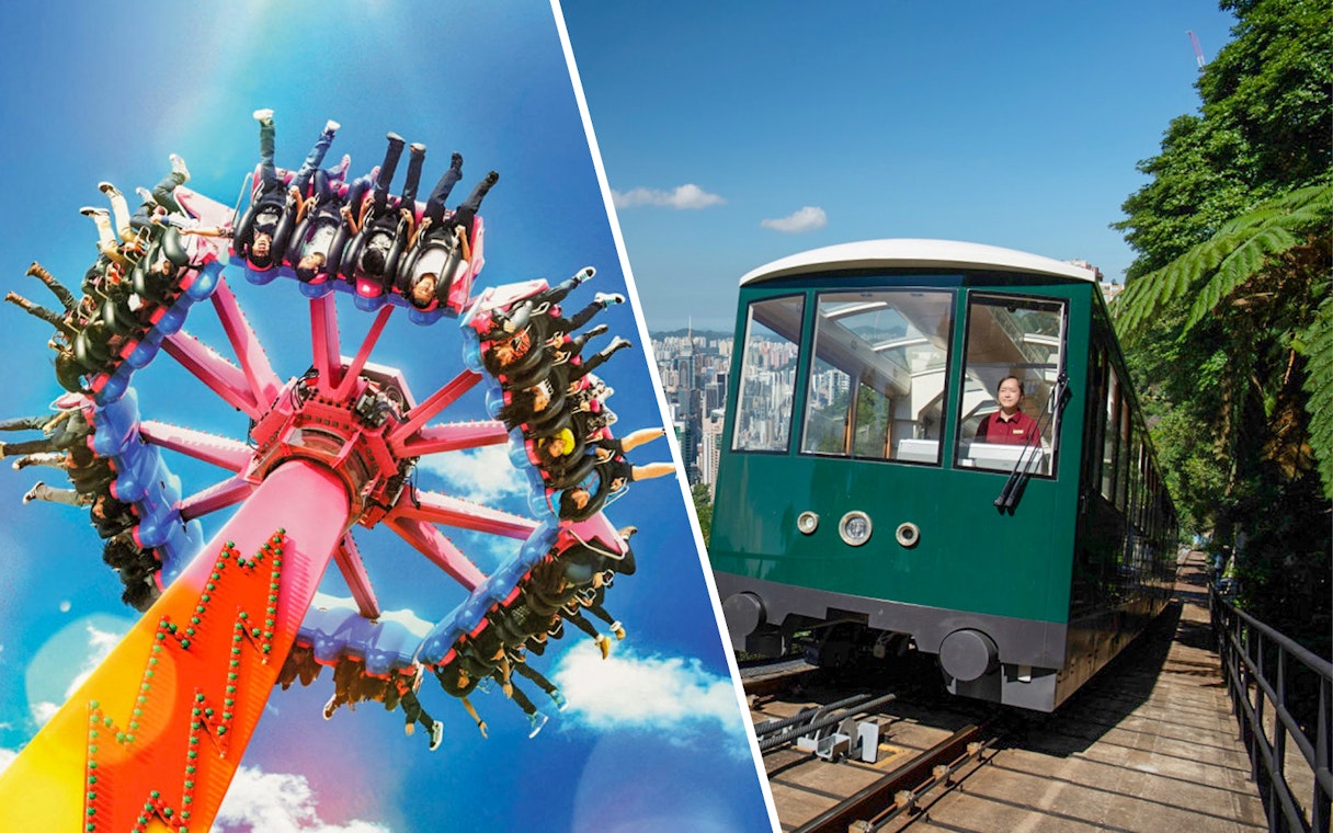 Ocean Park Hong Kong ride and Victoria Peak Tram in Hong Kong.