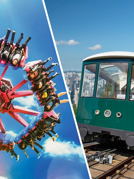 Ocean Park Hong Kong ride and Victoria Peak Tram in Hong Kong.