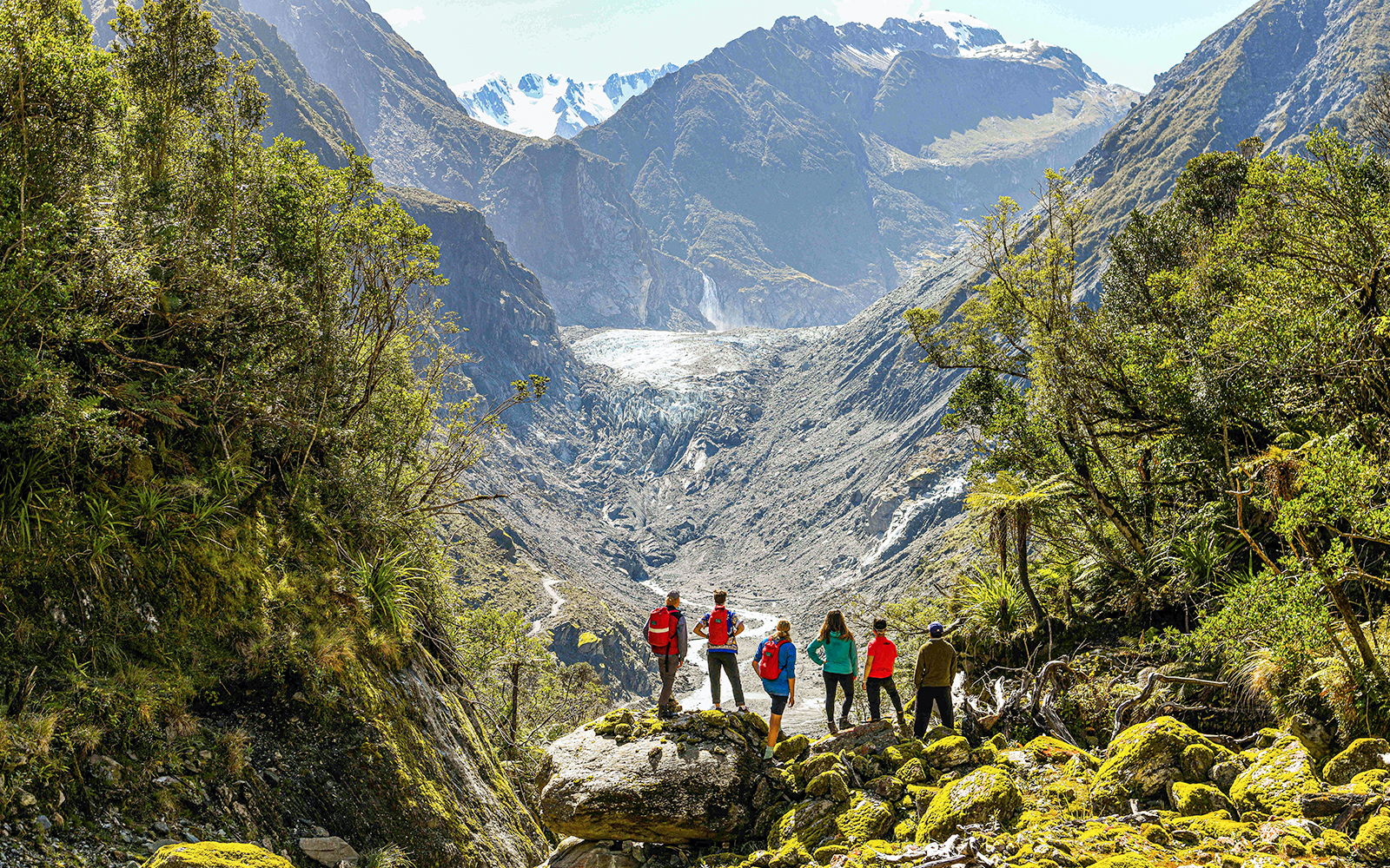 Tour group viewing Fox Glacier Valley on guided e-bike and hiking tour.