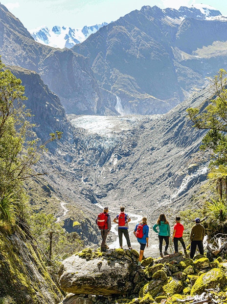 Tour group viewing Fox Glacier Valley on guided e-bike and hiking tour.