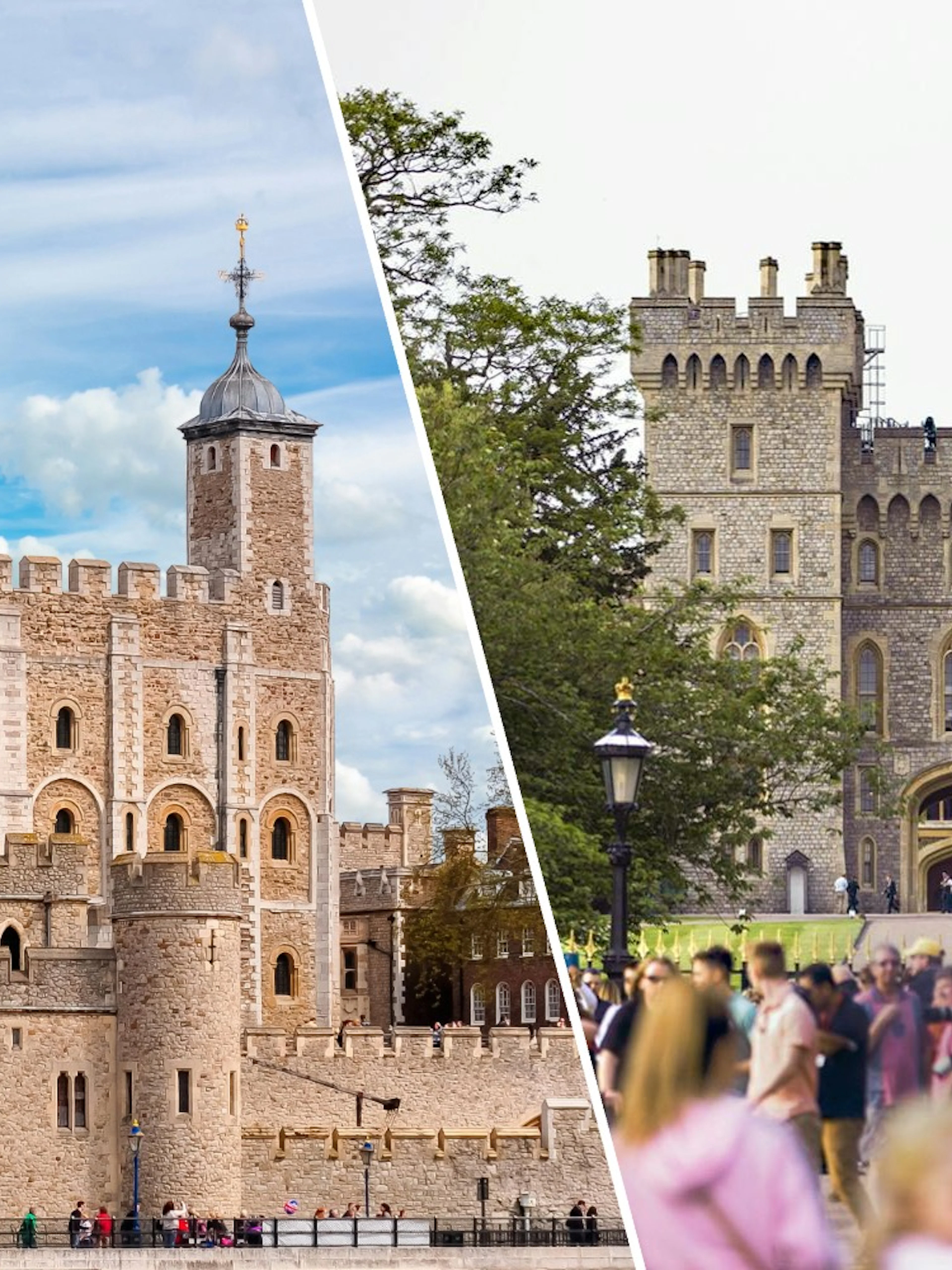 Tower of London White Tower and Windsor Castle entrance, United Kingdom.