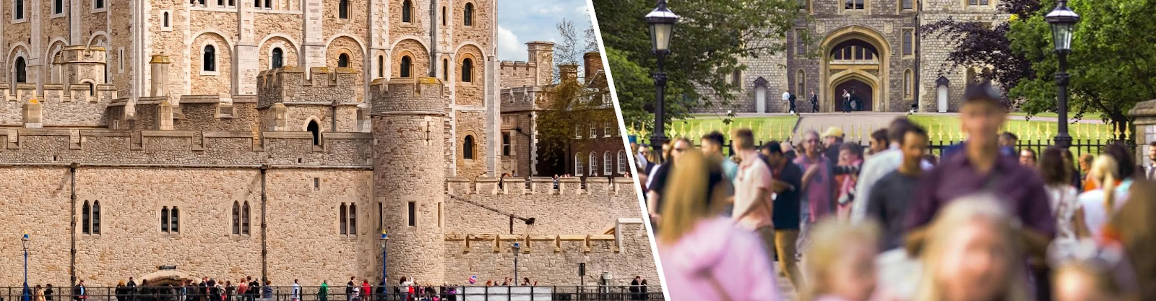 Tower of London White Tower and Windsor Castle entrance, United Kingdom.