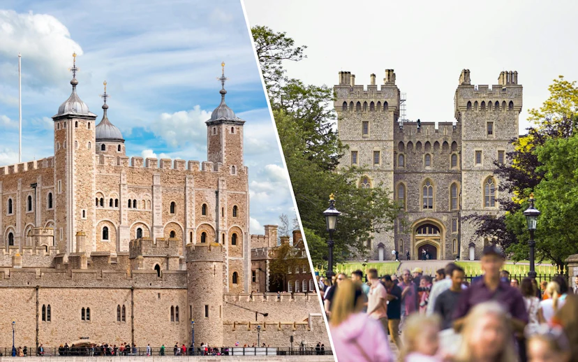 Tower of London White Tower and Windsor Castle entrance, United Kingdom.