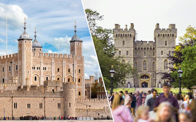Tower of London White Tower and Windsor Castle entrance, United Kingdom.