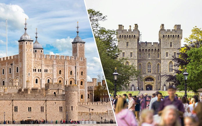 Tower of London White Tower and Windsor Castle entrance, United Kingdom.