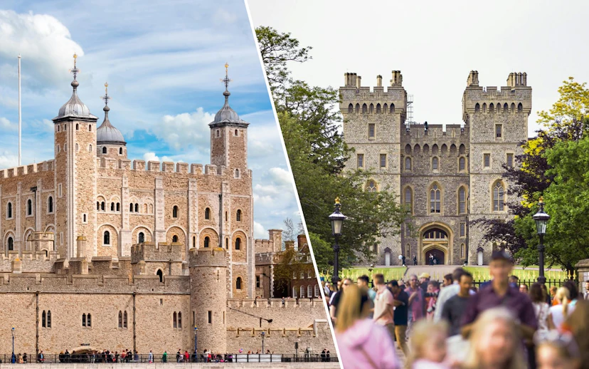 Tower of London White Tower and Windsor Castle entrance, United Kingdom.