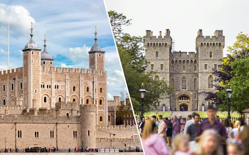 Tower of London White Tower and Windsor Castle entrance, United Kingdom.