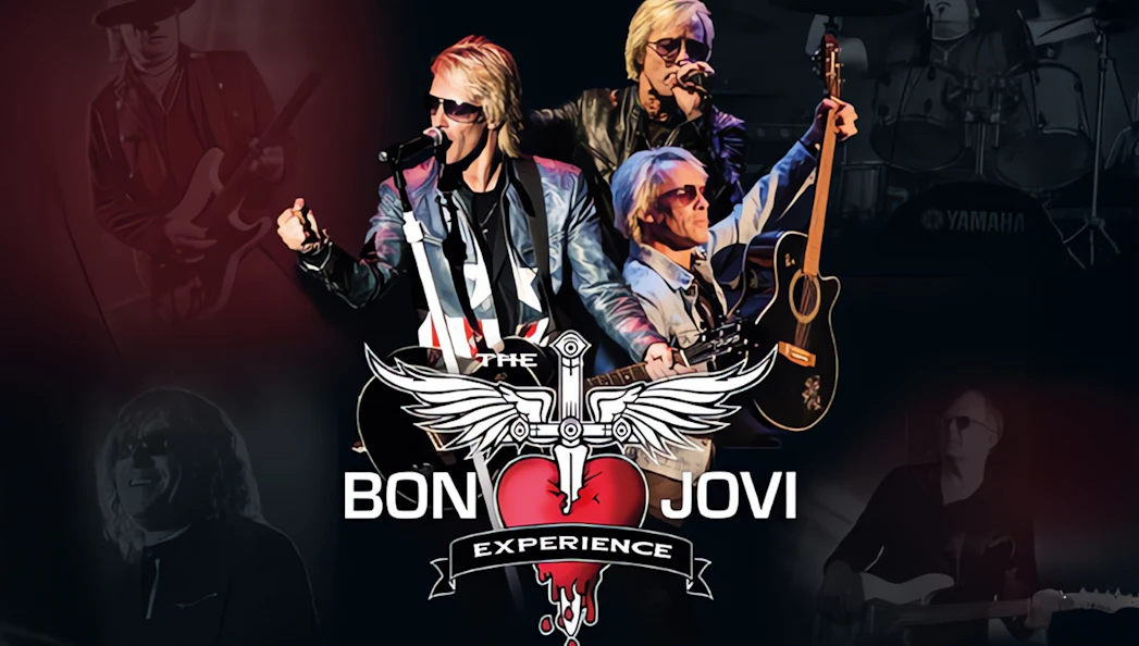 Band performing on stage with "The Bon Jovi Experience" logo in the foreground.