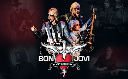 Band performing on stage with "The Bon Jovi Experience" logo in the foreground.