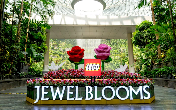Jewel Changi Airport Canopy Park with LEGO flower display and lush greenery.