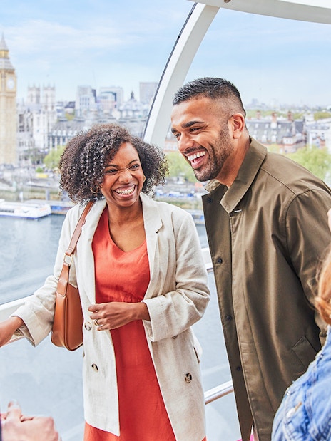 Group enjoying view of Big Ben from London Eye capsule.