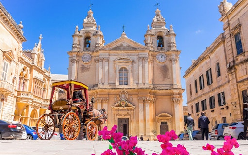 Historic building in Mdina with horse-drawn carriage and pink flowers in foreground.
