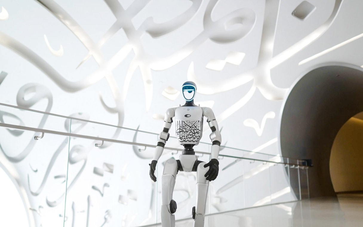 Robot in futuristic hallway at Museum of the Future, Dubai.