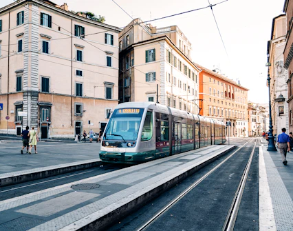 Tram in Rome city center near the Roman Forum.