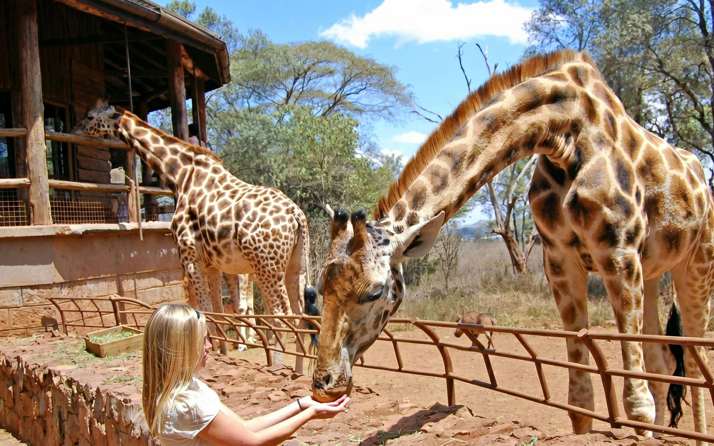 Woman feeding giraffe at Giraffe Centre, Nairobi.