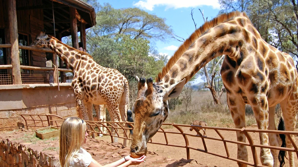 Woman feeding giraffe at Giraffe Centre, Nairobi.