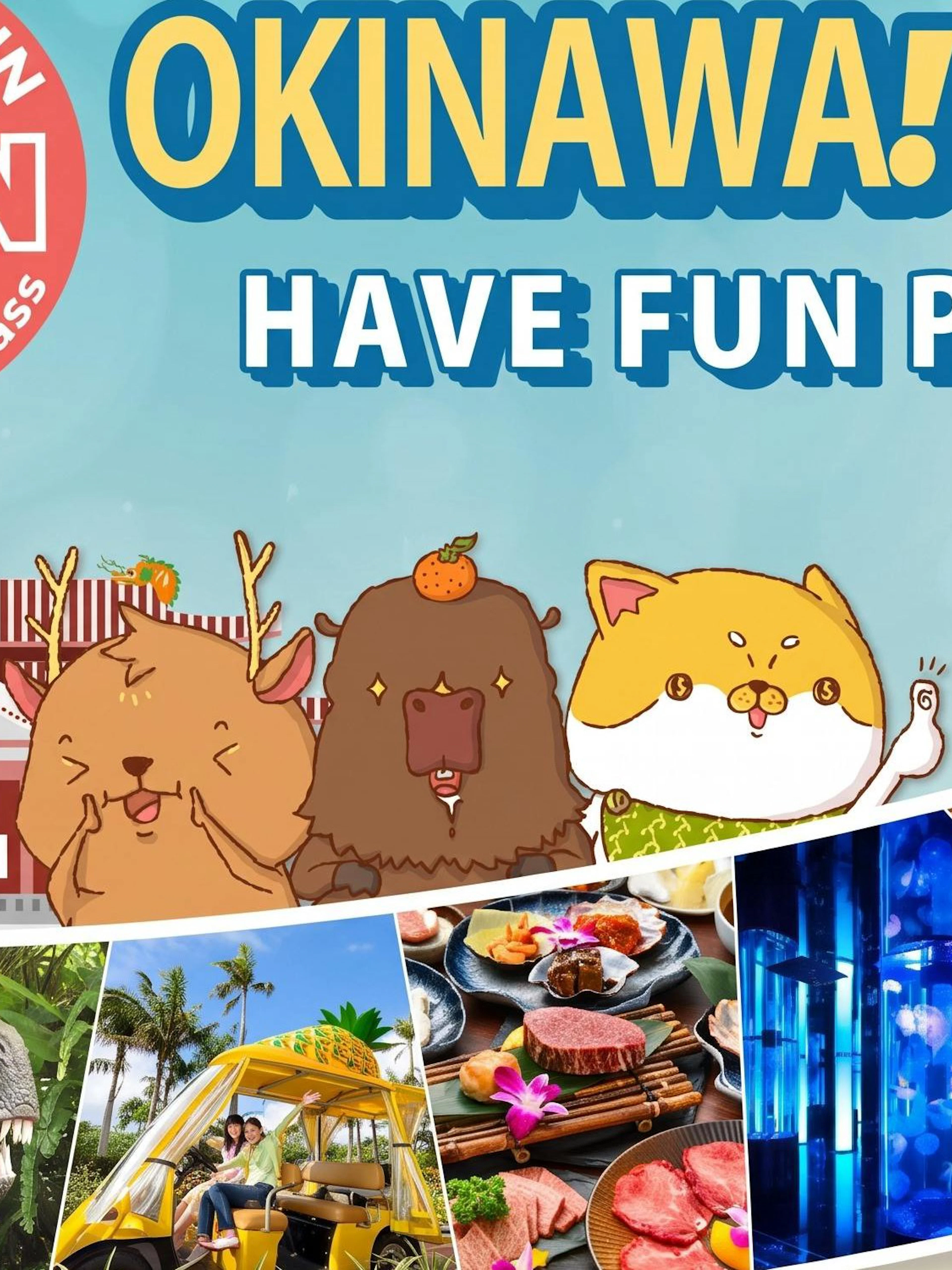 Okinawa attractions collage with Shuri Castle, local cuisine, and marine life.