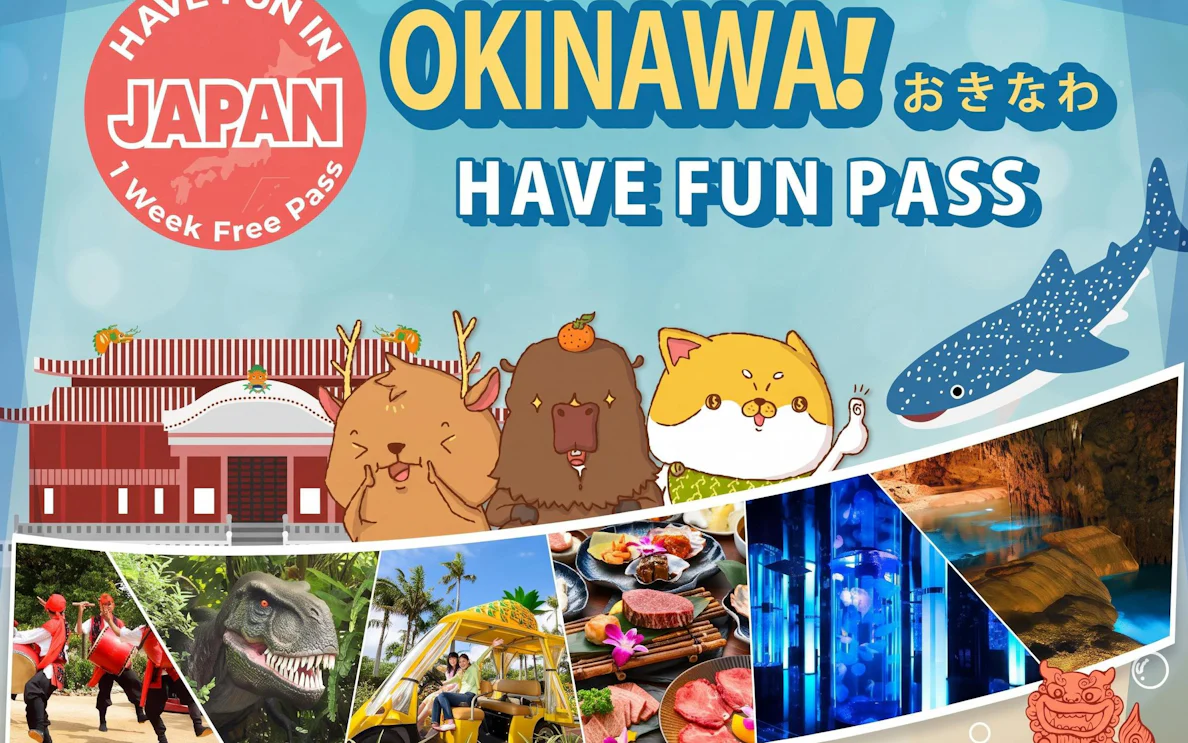 Okinawa attractions collage with Shuri Castle, local cuisine, and marine life.