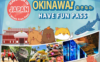 Okinawa attractions collage with Shuri Castle, local cuisine, and marine life.