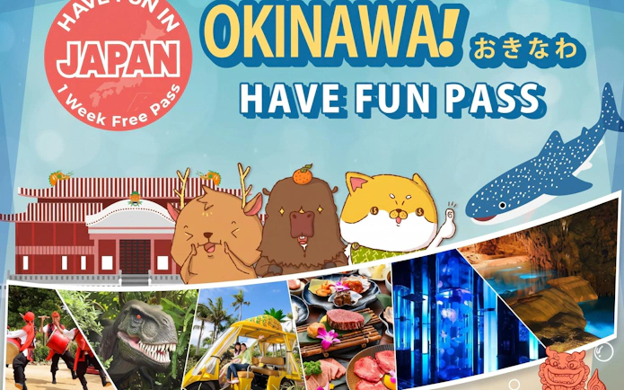Okinawa attractions collage with Shuri Castle, local cuisine, and marine life.