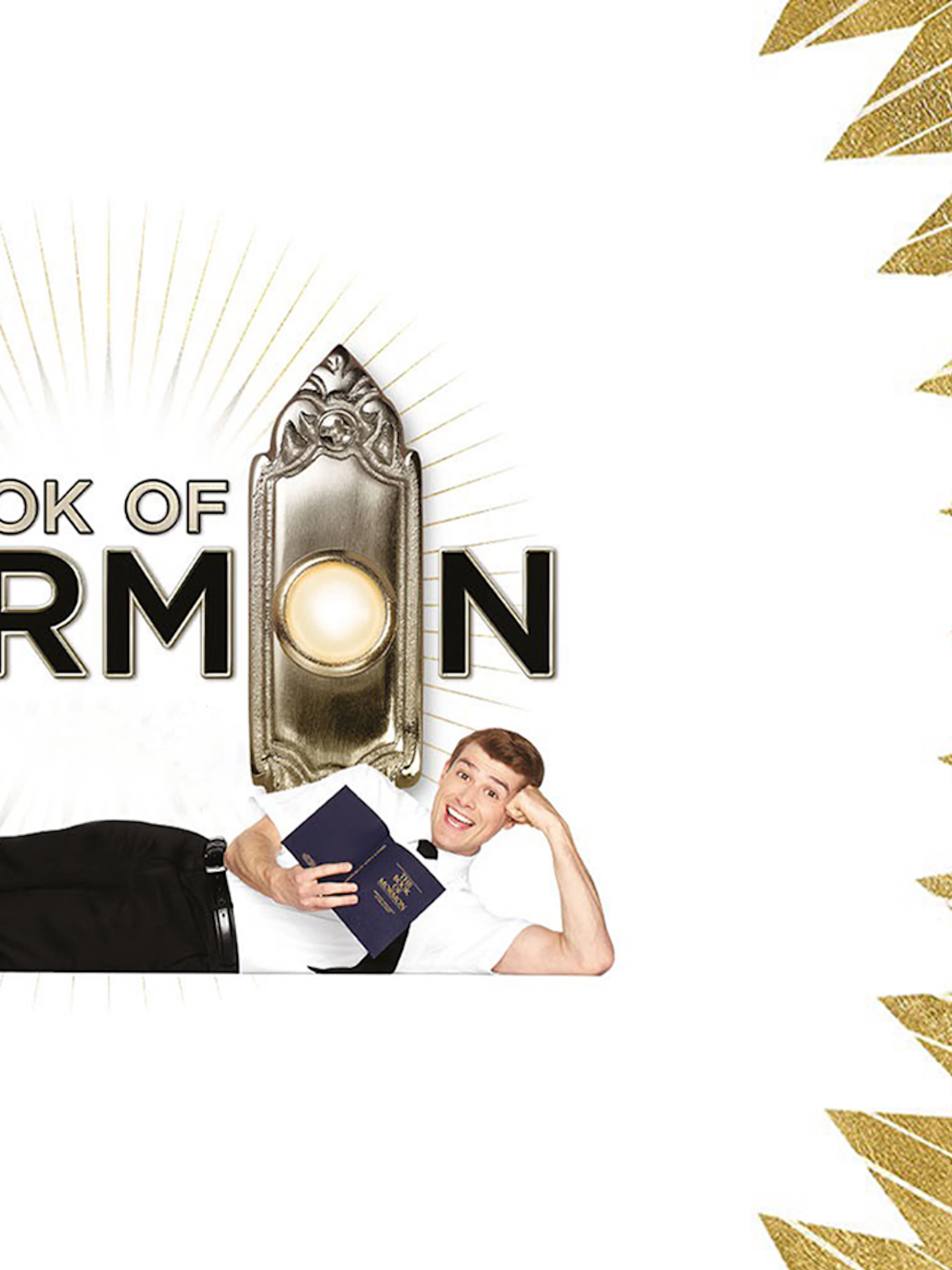 The Book of Mormon logo with a smiling man holding a book.