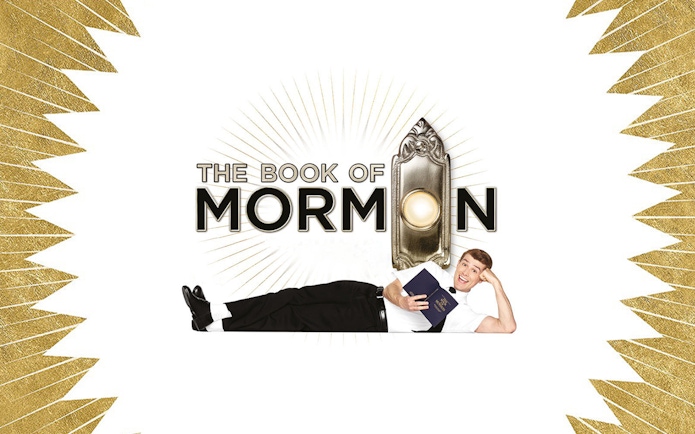 The Book of Mormon logo with a smiling man holding a book.