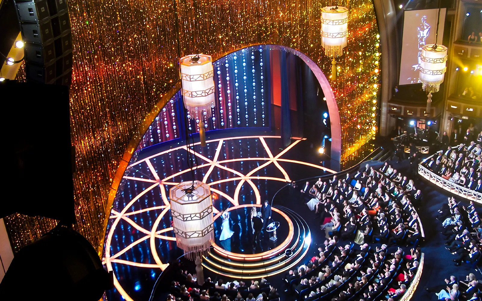 Aerial view of stage and audience seating inside The Dolby Theatre.