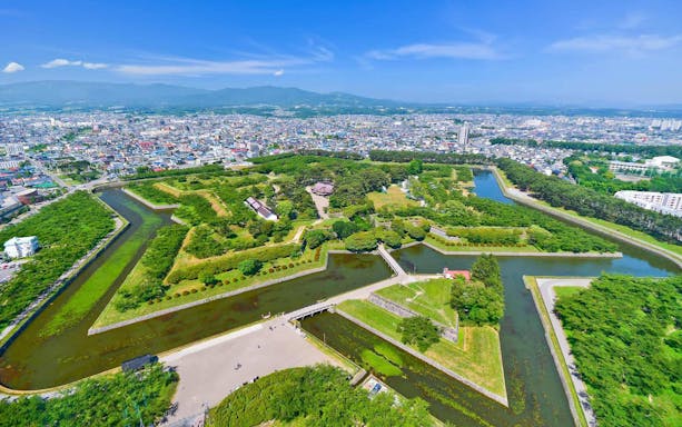 Aerial view of Goryokaku Fort's star-shaped design in Hakodate, Japan.
