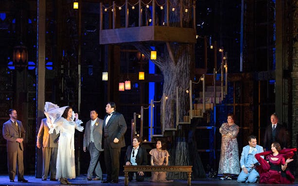 Opera performance of Le Nozze Di Figaro with cast on stage, featuring a treehouse set.