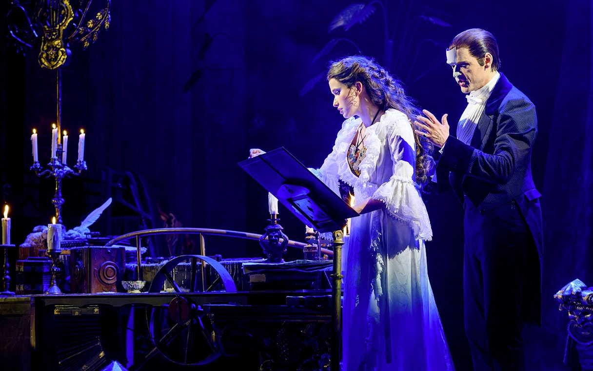 Actors performing a scene from The Phantom of the Opera musical in Vienna.