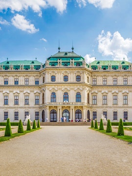 Belvedere Palace in Vienna with green domes and manicured gardens.