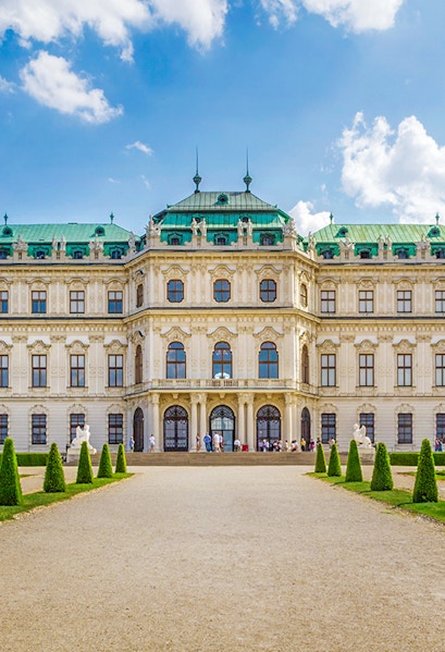 Belvedere Palace in Vienna with green domes and manicured gardens.