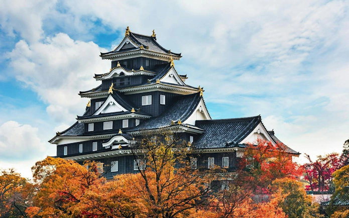 Okayama Castle in Japan surrounded by autumn foliage.